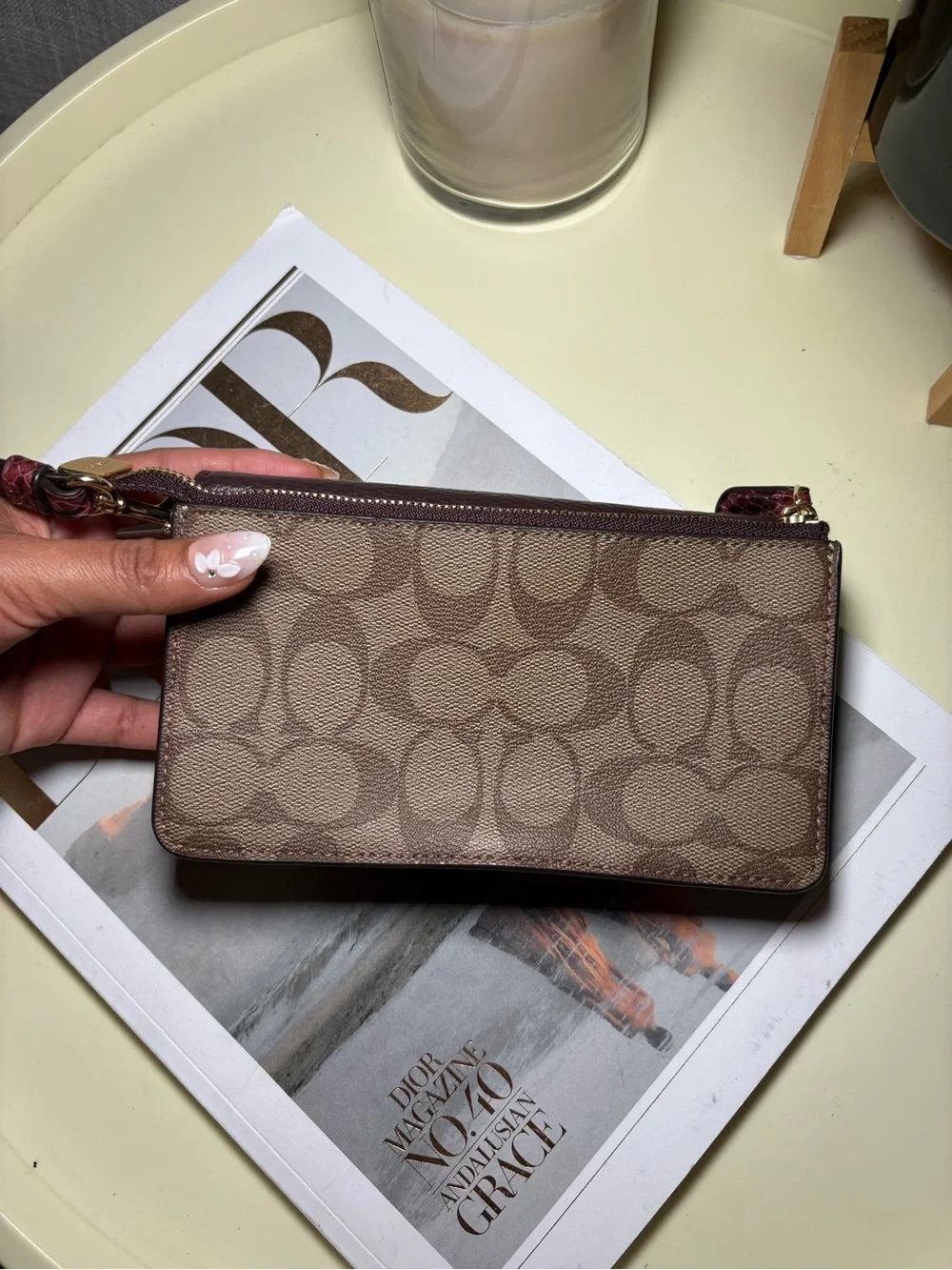COACH Two-Tone Signature Leather Wristlet in Burgundy and Khaki